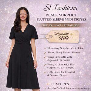 SL Fashions Black Surplice Flutter-Sleeve Dress Size 10 NWT - Office Wear Ready